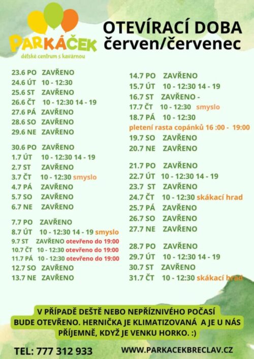 oteviraci doba parkacek cervenec 2025
